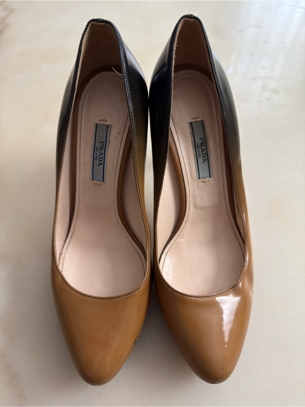 PRADA Milano Ombre Nude Tan Brown Gradient Patent Leather High Heels EU 38